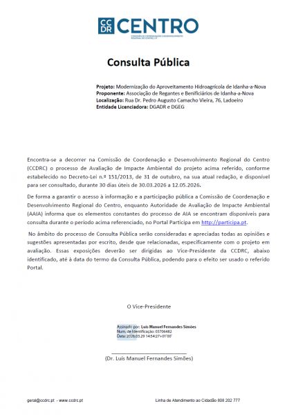 Consulta Pública . Modernização do Aproveitamento Hidroagrícola de Idanha-a-Nova