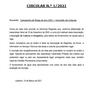 Circular n.º 1/21 - Campanha de Rega de 2021 - Inscrição de Culturas